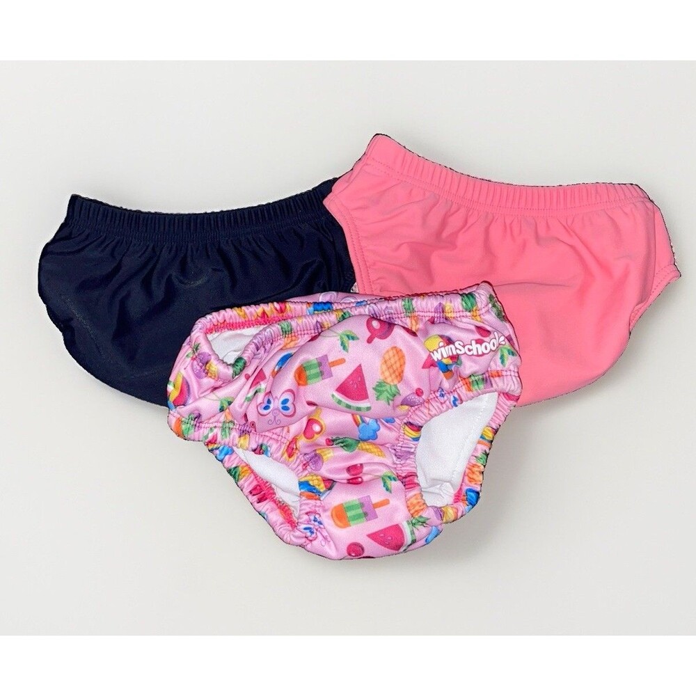 Lot 3 Swim Diapers 12M Medium Primary Aqua Pink Navy Fruit Print EUC
